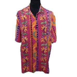 Stunt Women's L 100% Silkl Floral/Geometric Pattern Short Sleeve Blouse, Vtg